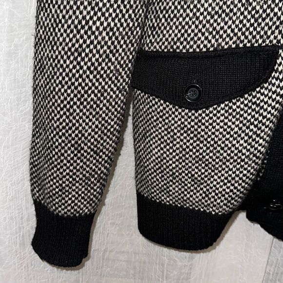 H&M L Black White Checkered Knit Wool Blend Shawl Button Front Cardigan Sweater - Picture 5 of 12